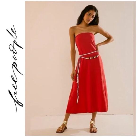 NEW Free People Beach Peyton Midi Strapless Dress in Red with Belt Size  S - Picture 1 of 9